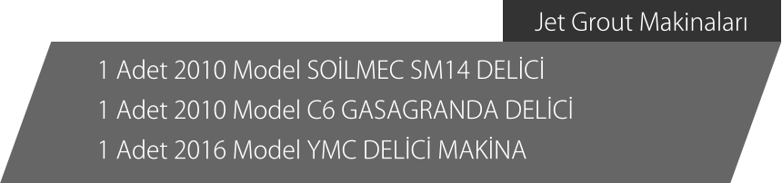 Jet Grout Makinaları 1 Adet 2010 Model SOİLMEC SM14 DELİCİ 1 Adet 2010 Model C6 GASAGRANDA DELİCİ 1 Adet 2016 Model YMC DELİCİ MAKİNA